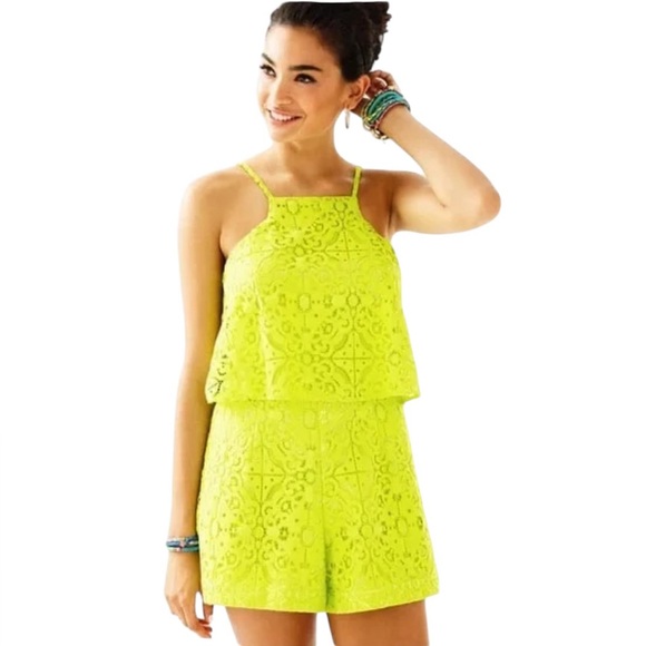 Lilly Pulitzer Celyn Lace Romper Neon Yellow/lime Eyelet Size 0 - Picture 1 of 7